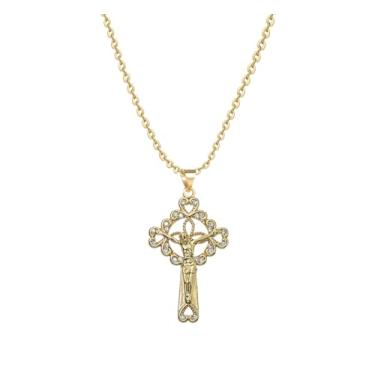 Imagem de MiiFort Colar de ouro com pingente de cruz de Jesus, colares de cruz religiosa, presente de aniversário, presente para mulheres, filha, irmã, tia, avó, neta, One Size, Metal, Sem Pedra Preciosa