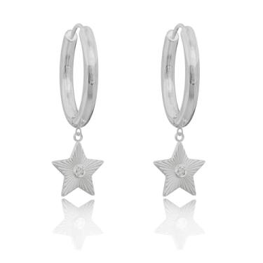 Imagem de Brincos femininos de argola de ouro 14 quilates / prata - zircônia texturizada estrela pendurada, argolas de aço inoxidável, hipoalergênicas, pequenas joias delicadas, presentes para aniversário de