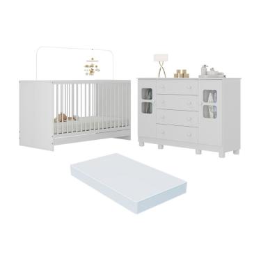 Imagem de Berço 3 Em 1 Com Colchão Incluso E Cômoda 2 Portas 4 Gavetas Sol Multimóveis MP4756 Branco
