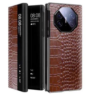 Imagem de LTLMYDAM Capa de couro genuíno para Huawei Mate XT, Smart View Flip Crocodile Texture Case Luxuoso Fecho Magnético Cobertura Completa, Marrom, XT