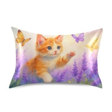 Imagem de Fronhas de cetim roxas fofas de gato de desenho animado borboleta para resfriamento de cabelo padrão Queen King fronhas personalizadas para decoração de cama queen size 76,2 cm x 50,8 cm