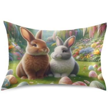 Imagem de Capa de almofada de cetim adorável coelhinhos ovos de páscoa capas de travesseiro padrão king queen capa de almofada de cama floral animal tamanho king, 101,6 cm x 50,8 cm