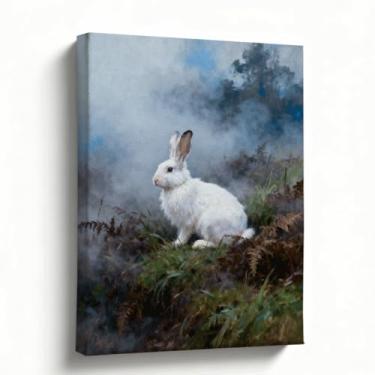 Imagem de Arte de parede em tela, impressão de pintura a óleo de coelho da vida selvagem, lebre branca na paisagem de névoa, decoração rústica de casa de fazenda, embrulhada para galeria, pronta para pendurar