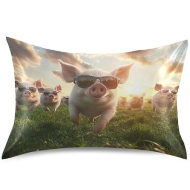 Imagem de Cool Pigs Wear Capas de almofada de cetim de cetim King Queen capa de travesseiro padrão bonito travesseiro refrescante almofadas de cama macias confortáveis, tamanho padrão, 66 cm x 50 cm