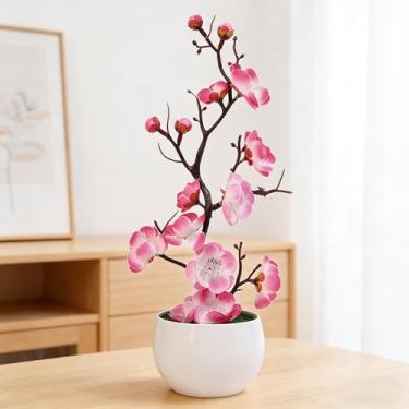 Imagem de 28 cm Flor artificial cerejeira primavera ameixa flor pêssego vasos plantas artificiais bonsai flores falsas ornamentos acessórios para casa (rosa)