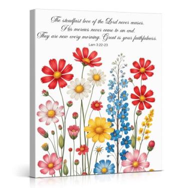 Imagem de Impressão de arte de parede em tela com versículo bíblico Christian Lam 3:22-23 The Steadfast Love of the Lord Scripture Poster Picture Wildflower Arte religiosa emoldurada para decoração de casa 20 x