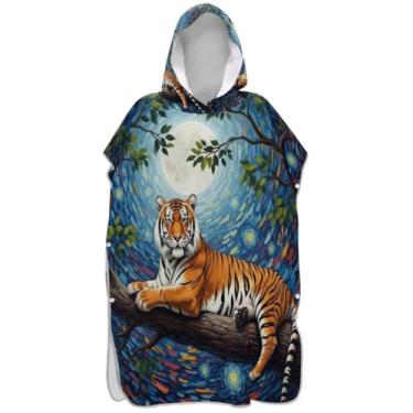 Imagem de Joisal Blue Night Tiger Trees Poncho de surf para adultos trocador com capuz toalha de natação plus size ponchos femininos com capuz