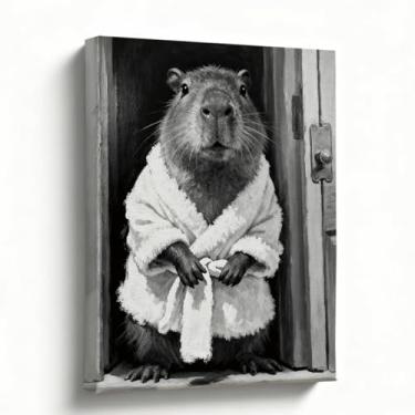 Imagem de Arte de parede de banheiro, impressão em tela de capivara engraçada, animal preto e branco em roupão de banho, decoração de lavabo, humor de lavabo, arte de banheiro de hóspedes, 20 x 25 cm