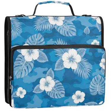 Imagem de Flores Folhas Tropicais Azul 3 Fichários Anel D 1 1/2 Polegada Organizador de Fichário Organizador de Fichário com Alça para Documentos Escolares Suporte 500 Folhas Suporte 34,5 x 31,5 x 9 cm