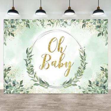 Imagem de ASDCXZ Pano de fundo para chá de bebê de 3 x 2,4 m Oh Baby Greenery dourado com glitter em aquarela para meninos e meninas, decoração de festa neutra para recém-nascidos