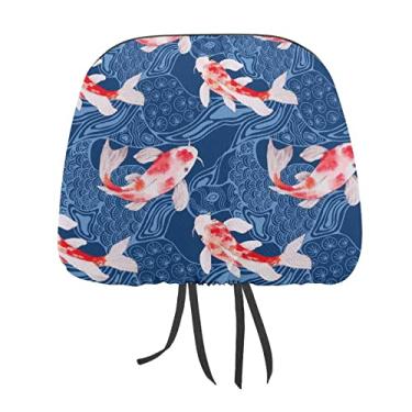 Imagem de Sem costura, vermelho, rosa claro, peixes japoneses em azul, 2 peças, capas de proteção universal para assento de carro, capa macia para encosto de cabeça de carro, acessórios de decoração para a