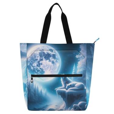 Imagem de GAIGEO Bolsa de trabalho feminina com estampa de lobo uivando na lua, bolsa escolar de lona, bolsa carteiro com compartimentos
