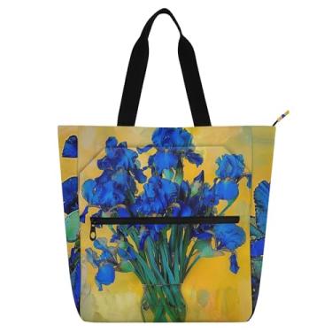 Imagem de GAIGEO Bolsas de trabalho femininas com flores íris, bolsa de lona universitária, bolsa de presente para professores para amantes de livros