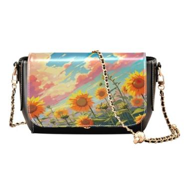 Imagem de Starfish flutua na água e conchas na praia bolsas transversais de couro para mulheres, tamanho médio, bolsa feminina de couro com zíper, Campo de girassóis com nuvens - 3, One Size