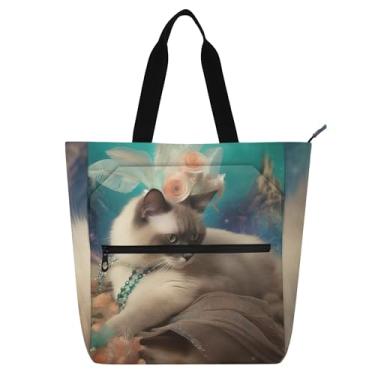 Imagem de GAIGEO Bolsa feminina divertida de gato siamês para trabalho, lona, bolsa mensageiro, faculdade, escola, bolsa carteiro com compartimentos