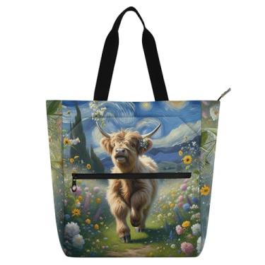Imagem de GAIGEO Bolsa feminina floral primavera Highland vaca bezerro mochila escolar escolar com zíper bolsa de viagem para trabalho