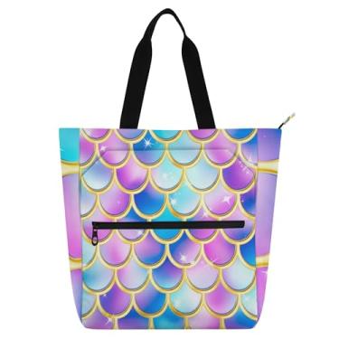 Imagem de GAIGEO Bolsas de trabalho femininas com escamas de sereia, lona, praia, livros, zíper, professores, bolsas para amantes de livros