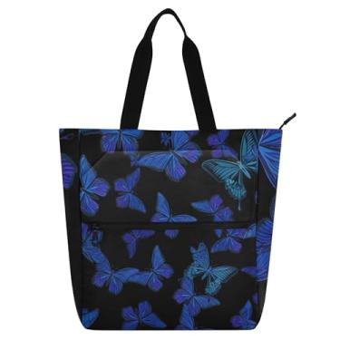 Imagem de GAIGEO Bolsas femininas de crisálida azul com borboletas de flores para trabalho, lona, faculdade, escola, bolsa, bolsa infantil fofa com compartimentos