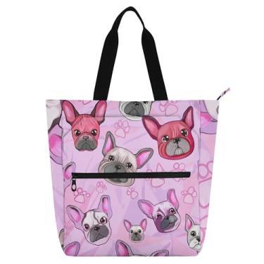 Imagem de GAIGEO Sacola feminina rosa com desenho animado buldogues franceses para trabalho lona praia livro bolsa zíper carteiro bolsas amantes de livros