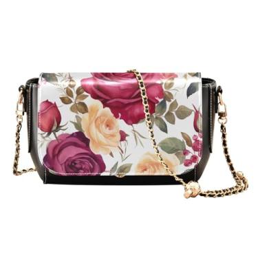Imagem de Bolsa tiracolo feminina roxa e amarela floral em couro branco, bolsa feminina de couro, bolsa de ombro para mulheres, Aquarela de rosas vermelhas em branco-7, One Size