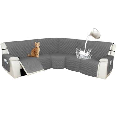Imagem de Arfntevss Capas para sofá reclináveis 1OO% à prova d'água, em forma de L, para reclináveis, em forma de L, para cães, lavável, protetor de móveis antiderrapante (5 lugares, cinza escuro)