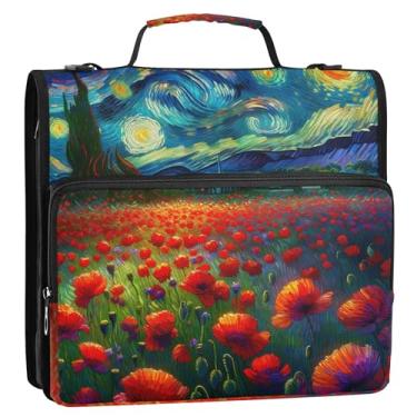 Imagem de Fichários de desenho animado de 3,8 cm, 3 anéis, noite estrelada, flores de papoula, com zíper, organizador de pasta de armazenamento com alça de mão, bolsa escolar com alça de ombro