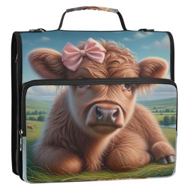 Imagem de Lindo organizador de fichário de vaca Highland com zíper de 3,8 cm, fichário resistente com alça de ombro para armazenamento escolar, estojo com alça