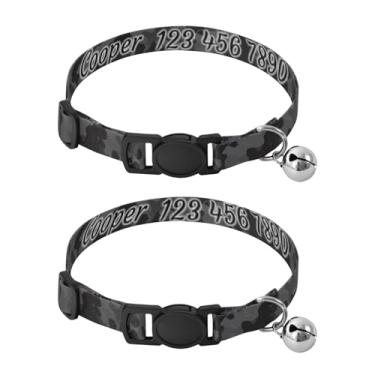 Imagem de Pacote com 2 faixas de pescoço personalizadas para animais de estimação cinza e preto com nome e número de telefone, coleira durável para cães com fecho de pressão, serve para pescoço de 27 a 43 cm
