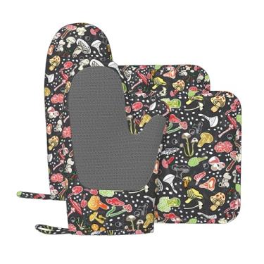 Imagem de NELife Conjunto de 4 luvas de forno de cogumelo fresco e suportes de panela, almofadas quentes resistentes com luvas de churrasco antiderrapantes de poliéster para cozinha, cozinha, assar, grelhar