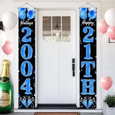 Imagem de BlissYard Conjunto de faixa de porta de aniversário 30 x 188 cm vintage 2004 21 azul preto números verticais letras decoração de festa interior exterior painel de porta celebração pendurar na parede