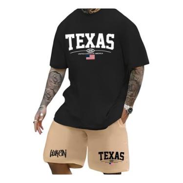 Imagem de Kit Camiseta + Short Moletom Conjunto Luken Texas College Us, Bege, GG