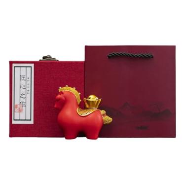 Imagem de FLCPJGV Estátua de Cavalo, Decoração Feng Shui, Ornamento Decorativo de Mesa, Pequena Estatueta de Cavalo para Estante, Escrivaninha, Armário ou Entrada, Caixa de Presente Vermelha Ingot