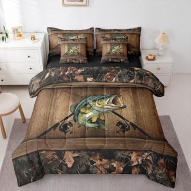 Imagem de Erosebridal Jogo de cama Queen com 7 peças, robalo, peixe, lúcio, pesca, camuflagem, caça, para meninos e adolescentes, pescadores, rústico