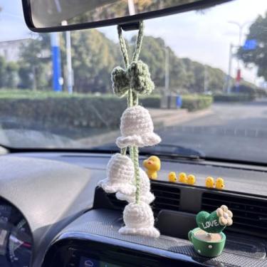 Imagem de Enfeite de crochê de lírio do vale, espelho retrovisor de carro, acessórios de carro feitos à mão para mulheres e homens, flor de malha para decoração de interiores de carros, pingente de bolsa