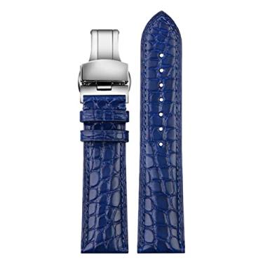 Imagem de CYSUE Para qualquer pulseira luxuosa pulseira de crocodilo pulseira de couro azul macio fecho borboleta 18 20mm 22mm pulseira masculina (cor: dobra de prata azul, tamanho: 22mm)