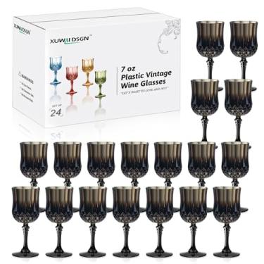 Imagem de XUWAIDSGN Copos de vinho vintage de plástico de 200 ml, taças inquebráveis para casamento, taças de água de cristal, reutilizáveis, taças de champanhe vintage (24, preto)