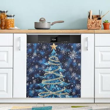 Imagem de xigua Capa de ímã de lava-louças de árvore de Natal azul, adesivos magnéticos decorativos antiarranhões para painel de geladeira e lava-louças, decoração personalizada de cozinha doméstica 58 x 66 cm