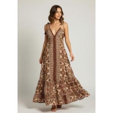 Imagem de Vestido Longo Indiano Bronze Feminino Estampado Verão Praia Fresco-Feminino