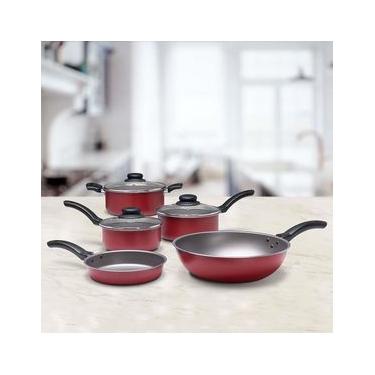 Imagem de Conjunto de Panelas 5 Peças Brinox Ruby com Revestimento Interno Antiaderente Pro-Flon e Tampas de Vidro com Saída de Vapor - Vermelho