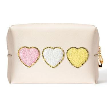 Imagem de Belanttega Bolsa de maquiagem de coração de Natal – Presente de Natal com remendo fofo coração cosmético, bolsa de maquiagem de couro PU, portátil, impermeável, organizador de chá de viagem, presentes