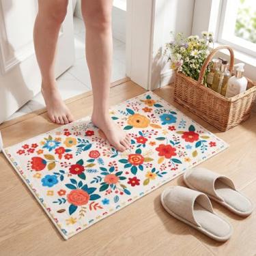 Imagem de Breling Tapete de banheiro floral vintage, com flores fofas, 43 x 66 cm, boêmio, floral, antiderrapante, tapete de banho de silicone, macio, grosso, de microfibra, absorvente, lavável na máquina, para
