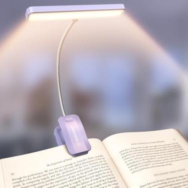 Imagem de Glocusent Lâmpada de leitura Braçadeira de livro 26 LEDs, lâmpada de livro com 5 temperaturas de cor e brilho contínuo, bateria de 1200 mAh para 90 horas USB-C luz de leitura recarregável, 360°