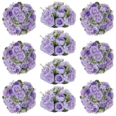 Imagem de Inweder Bolas de flores para centros de mesa de casamento, peônia: 10 peças roxas artificiais pequenas bolas de flores falsas buquê de arranjo para festa, aniversário, casa, branco