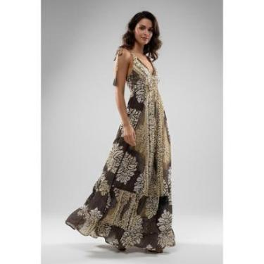 Imagem de Vestido Longo Indiano Marrom Feminino Estampado Confortável Elegante-Feminino