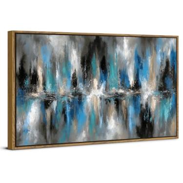Imagem de Arte de parede em tela abstrata azul e cinza emoldurada, imagens em preto e branco, decoração moderna de sala de estar, pintura neutra minimalista colorida, impressões, pincelada, pincelada, arte para