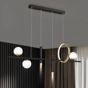 Imagem de Lustre linear preto regulável de LED 34W, luminária pendente nórdica de 99 cm (39") para sala de jantar, cafeteria, escritório, cozinha, ilha, luminárias pendentes para ambientes internos.