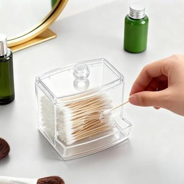 Imagem de Dispensador de suporte Qtip com tampas, organizador de vaidade de plástico transparente, frascos de armazenamento de banheiro, recipientes retangulares duráveis para cotonetes, bolas, almofadas