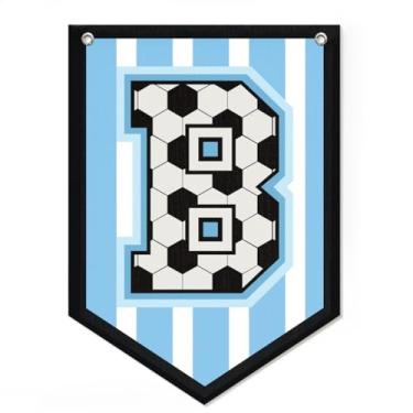 Imagem de Decoração de bandeira de futebol com letra B, decoração de quarto de meninos com nome bandeira de galhardete personalizada para meninos, decoração de arte de parede de berçário de esportes vintage