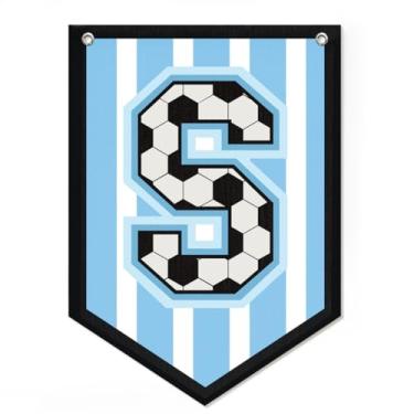 Imagem de Decoração de bandeira de futebol com letra S, decoração de quarto de meninos com nome bandeira de galhardete personalizada para meninos, decoração de arte de parede de berçário de esportes vintage