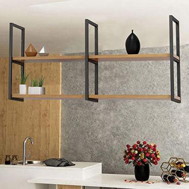 Imagem de Prateleira de teto suspensa rústica, prateleiras de madeira de metal multifuncional de 2 camadas, preto, rack de armazenamento e prateleiras para bares/restaurantes/cozinhas, fácil de instalar, 2